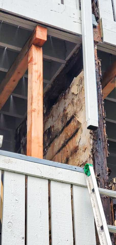 Severe dry rot damage on home support beams in Longview WA before structural repair by All Phase Construction LLC